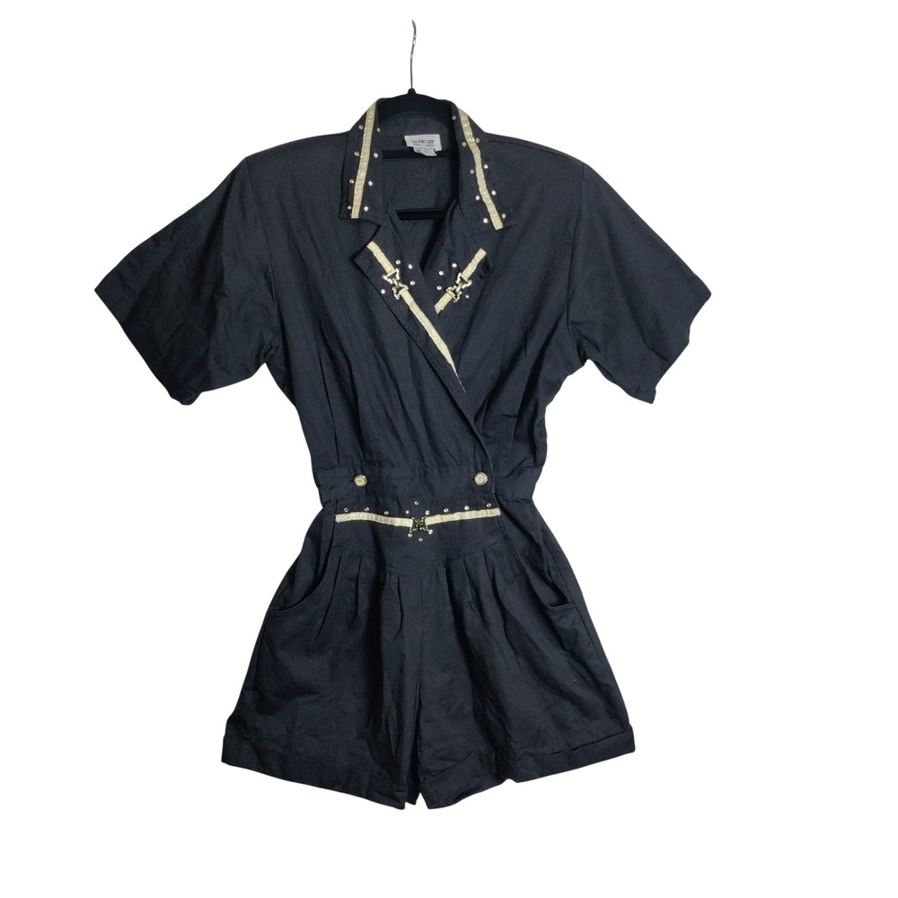 Rio Inc Vintage Black Cotton Romper Studded Gold Trim Short Sleeve Medium USA